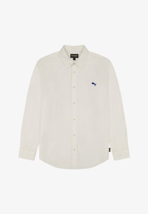 Férfi fehér, hosszú ujjú, gombos ing gallérral és kis kék hímzett logóval a bal mellrészen.