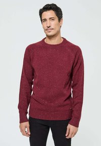 Pull en tricot bordeaux avec une texture mouchetée, col rond à côtes et poignets côtelés, et une coupe décontractée, associé à un pantalon noir.