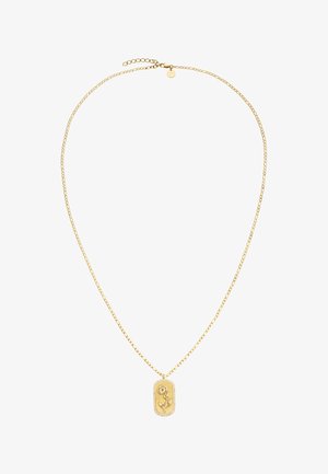 Collier délicat en chaîne d'or avec pendentif rectangulaire ornée d'un tournesol en relief bordé de petites pierres claires.