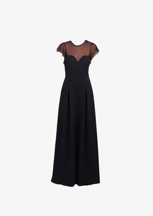 Schwarzes Kleid mit tailliertem Oberteil und schwingendem Rock. Durchsichtige, puffige Kurzärmel und Herz-Ausschnitt. Faltendetails überall.