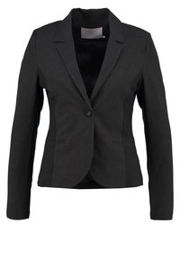 Veste blazer grise foncée pour femme, coupe ajustée, avec fermeture à un bouton, col à revers cranté et deux poches fendues à l'avant, présentée sur fond blanc.