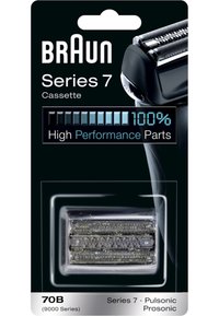 Braun Series 7 cassette in clear packaging; features metallic grid blades, black accents, and blue performance indicators; compact rectangular design.