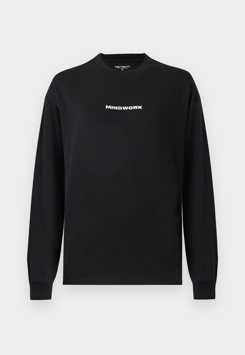 Schwarzes Langarm-T-Shirt aus Baumwolle mit dem auf der Brust zentrierten weißen Text "MINDWORK". Rundhalsausschnitt und gerippte Bündchen.