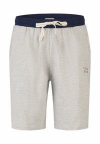 Světle šedé pruhované šortky s námořnickým pasem, které mají stahovací šňůrku a malou vyšitou nášivku na boku.