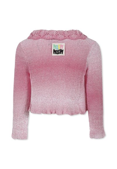 Roze cropped trui met een ribbeltextuur en een gebreide kraag. Heeft een gradient ontwerp met een label op de achterkant.
