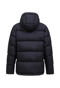 Sort polstret jakke med hætte, der har et quiltet design og vandrette sektioner. Blød tekstur, normal pasform og elastiske manchetter.