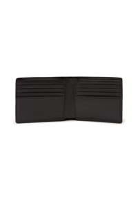 Portafoglio in pelle nera con più slot per schede e texture liscia. Caratterizzato da logo impresso, design elegante e apertura a doppia piega.