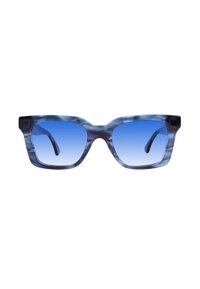 Occhiali da sole quadrati con montatura in plastica a marmo blu e lenti blu sfumate, caratterizzati da aste larghe e una finitura lucida.