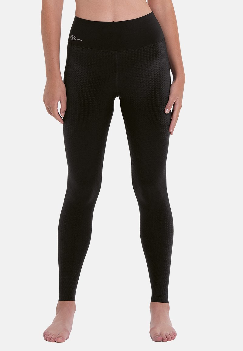 Black leggings made of textured, stretchy material with a wide black waistband. Fitted design follows the body's shape.