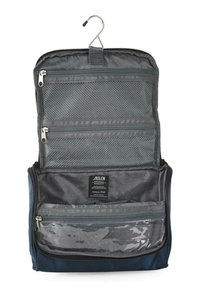 Bolsa de aseo colgante en azul oscuro con interior gris; cuenta con bolsillos de malla, cremalleras y un gancho para colgar, ideal para almacenamiento y organización.