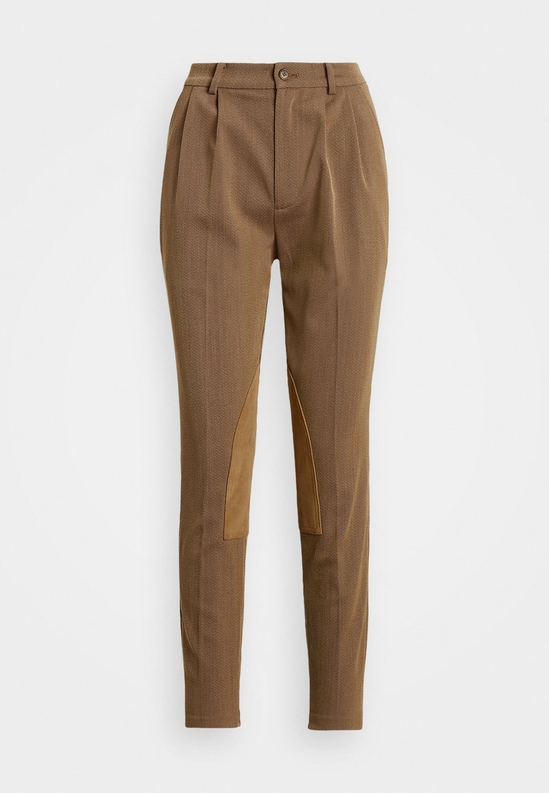 Pantalon marron sur mesure avec taille haute, plis devant, fermeture par boutons et coudières en daim sur les jambes.