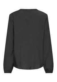 Black long-sleeve blouse with elastic cuffs and a round neckline, shown from the back on a white background.