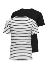 Deux t-shirts à manches courtes et col rond, un noir uni et un blanc avec de fines rayures horizontales noires, présentés de dos.
