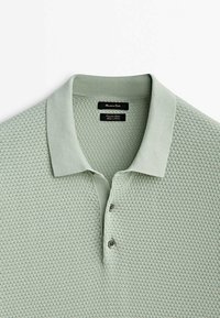 Hellgrünes, strukturiertes Strick-Polohemd mit schlichtem Kragen und zwei Knöpfen an der Knopfleiste, flach auf weißem Hintergrund ausgelegt.