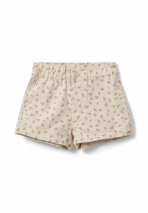 Beige småbørnsshorts med elastisk linning og lille lyserødt blomsterprint, knaplukning og synlige syninger foran.