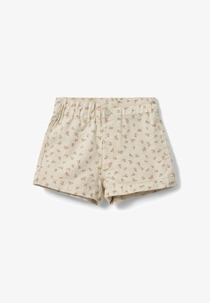 Pantaloni scurți bej pentru copii mici, cu talie elastică și imprimeu mic floral roz, închidere cu nasturi și cusături frontale vizibile.