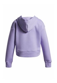 Lilac cropped huppari nähtävissä takaa, jossa on pitkät hihat, kiinnitetty huppu ja ribbattu reunus ja helma.