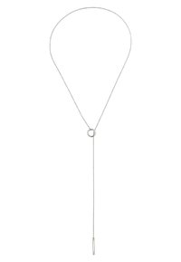 Silver chain necklace with a circular pendant and a vertical bar pendant. The chain features a delicate, textured design.