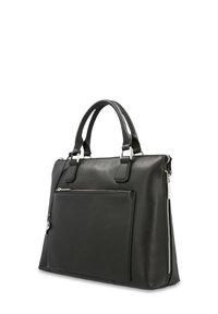Black leather handbag with double handles, front zip pocket, and side zipper detail, shown on white background.