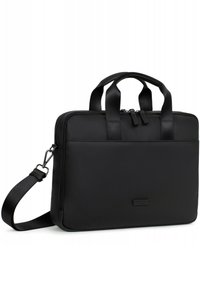 Zwarte laptoptas met een gestructureerd oppervlak, dubbele handgrepen aan de bovenkant, afneembare schouderband en ritsluiting. Heeft minimale branding aan de voorkant.