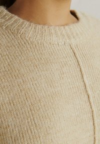 Beżowy sweter z dzianiny z prążkowanym dekoltem, zdobiony subtelnymi akcentami brokatowymi i teksturowaną, miękką powierzchnią. Posiada centralny detal szwu.