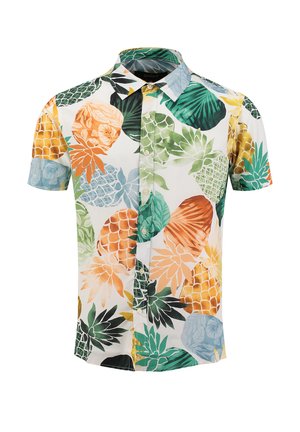 Short-sleeve button-up shirt featuring a colorful pineapple and leaf pattern in green, orange, and blue on a white background.