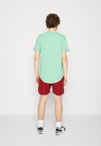 Mentolově zelené tričko s kulatým výstřihem, nošené s červenými cargo šortkami s několika kapsami. Pohled ukazuje zadní stranu oblečení.