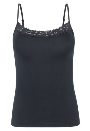 Camisole noire avec des bretelles spaghetti ajustables, présentant une bordure en dentelle festonnée au niveau du décolleté et un design en tissu lisse et ajusté.