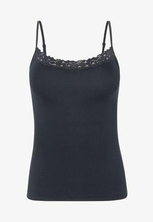 Svart cami-top med justerbara spagettiband, med en scalloped spetsdetalj vid halsringningen och en figurnära, slät tygdesign.