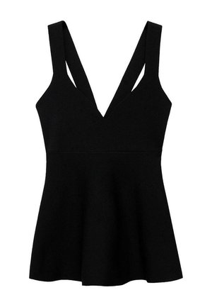 Black sleeveless top with a deep V-neck, featuring wide straps and a flared hem. Made from a textured fabric.