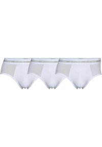 Tre par hvide bomuldsunderbukser med en blød elastisk talje, der har teksten "JBS UNDERWEAR" i grå. Klassisk brief-snit med minimalistisk design.