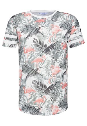 Short-sleeve shirt in white, featuring a tropical print with pink flamingos and green palm leaves. Includes white striped accents on sleeves.