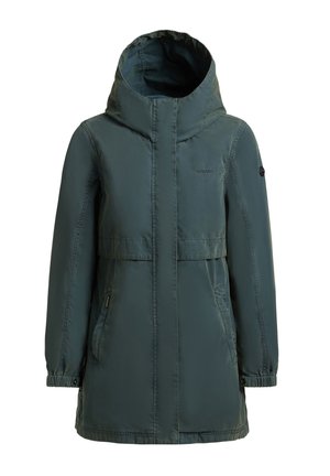 Jachetă lungă verde închis cu glugă, fermoar frontal, buzunare laterale, manșete elastice și un logo subtil pe piept și mânecă.