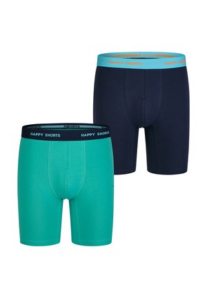 Zwei Paar Boxershorts: eine in Teal mit einem hellblauen Taillenbund, die andere in Marineblau mit einem dunklen Taillenbund, beide mit dem Schriftzug "HAPPY SHORTS".