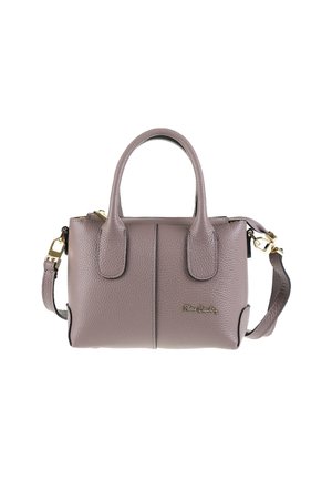 Sac à main en cuir mauve doux, doté de deux poignées courtes, une bandoulière amovible, une fermeture éclair et des accents métalliques dorés.