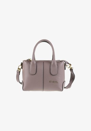 Leather handbag in soft mauve, featuring two short handles, a detachable shoulder strap, zip closure, and gold-tone hardware accents.