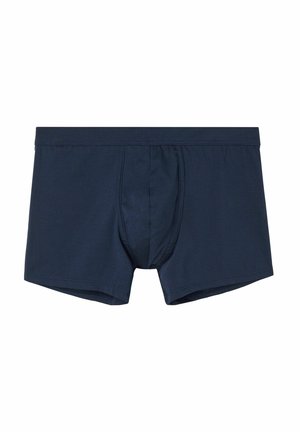 Granatowe bokserki wykonane z gładkiego materiału. Posiadają przednią kieszeń, elastyczny pas i przeszywane brzegi dla lepszego dopasowania i komfortu.