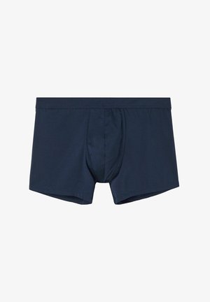 Marineblauwe boxershorts van een gladde stof. Heeft een voorzak, elastische tailleband en gestikte randen voor pasvorm en comfort.