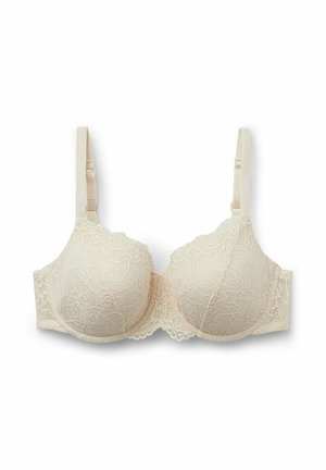 Lace beha in lichtbeige met beugel, gevoerde cups en verstelbare bandjes. Heeft een bloemmotief en gegolfde randen op de cups.