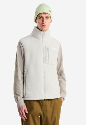 Ung mand iført en lysegrøn strikket hue, beige langærmet skjorte, hvid fleecevest og brune bukser med den ene hånd i lommen.