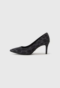 Black suede pointed-toe pump with a mid-height heel, embellished with shiny black details and a textured leopard print design.