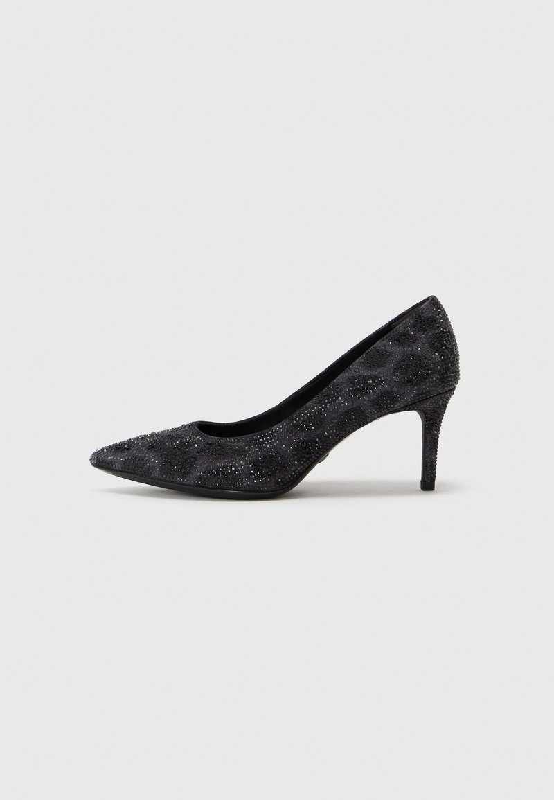 Black suede pointed-toe pump with a mid-height heel, embellished with shiny black details and a textured leopard print design.