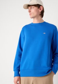 Blauwe sweatshirt met ronde halslijn, ribbelboorden en onderrand. Heeft een klein logo op de borst. Model draagt beige broek en een lichte pet.
