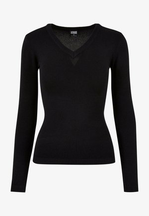 Črna pulover s V-izrezom, izdelan iz gladkega pletenega materiala. Ima dolge rokave, rebraste robove in prilegajoč silhueto. Preprost dizajn brez vzorcev.