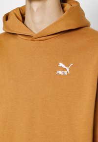 Felpa arancione realizzata in tessuto morbido, con un logo Puma ricamato in bianco sulla parte sinistra del petto e un cappuccio con cordino.