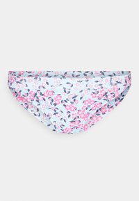 Parte de baixo de biquíni floral com um tecido azul claro com padrões florais em rosa e azul escuro, design de altura média e cintura elástica.