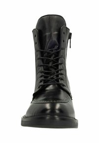 Zwarte leren enkellaars met een ronde neus, veters aan de voorkant, een rits aan de zijkant en een gladde textuur, met genaaide details langs de rand.