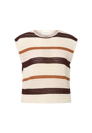 Ermeløs strikket topp med brede horisontale striper i krem, mørk brun og rustfarger, med rund hals.