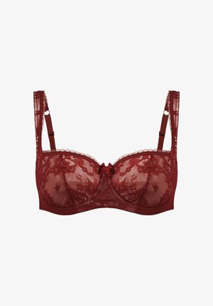 Burgundy lace bra with sheer cups, scalloped edges, and a center bow detail. Adjustable straps and a structured underwire design.