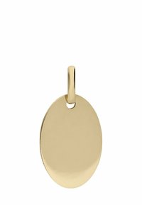 Gouden ovale hanger met een gepolijste afwerking en een kleine lus voor bevestiging. Gladde textuur zonder extra patronen of versieringen.